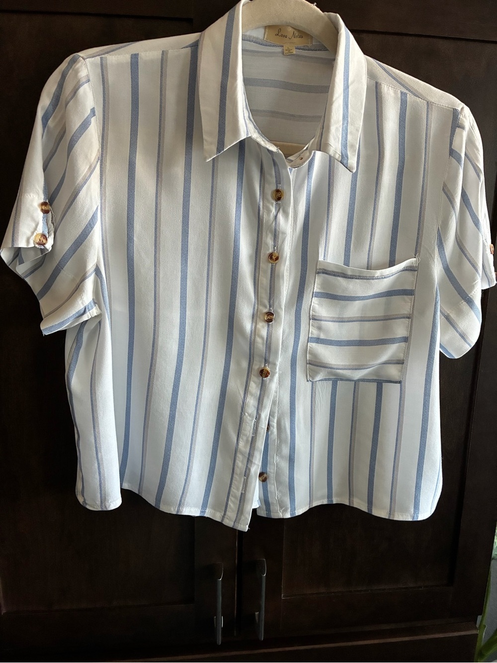 Love Notes Light Blue and White Striped Button-Up Short Shirt size Large